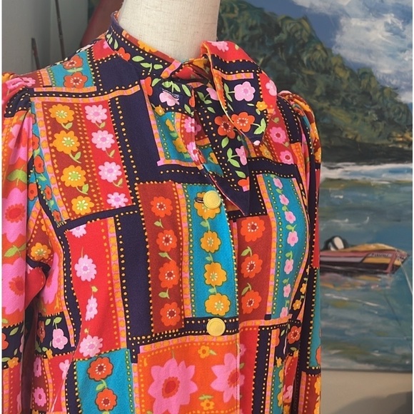 VTG 60’s,Button-Front,High Tie-neck CocktailLounge Dress,Vibrant,POCKETS, Size M - Picture 4 of 9